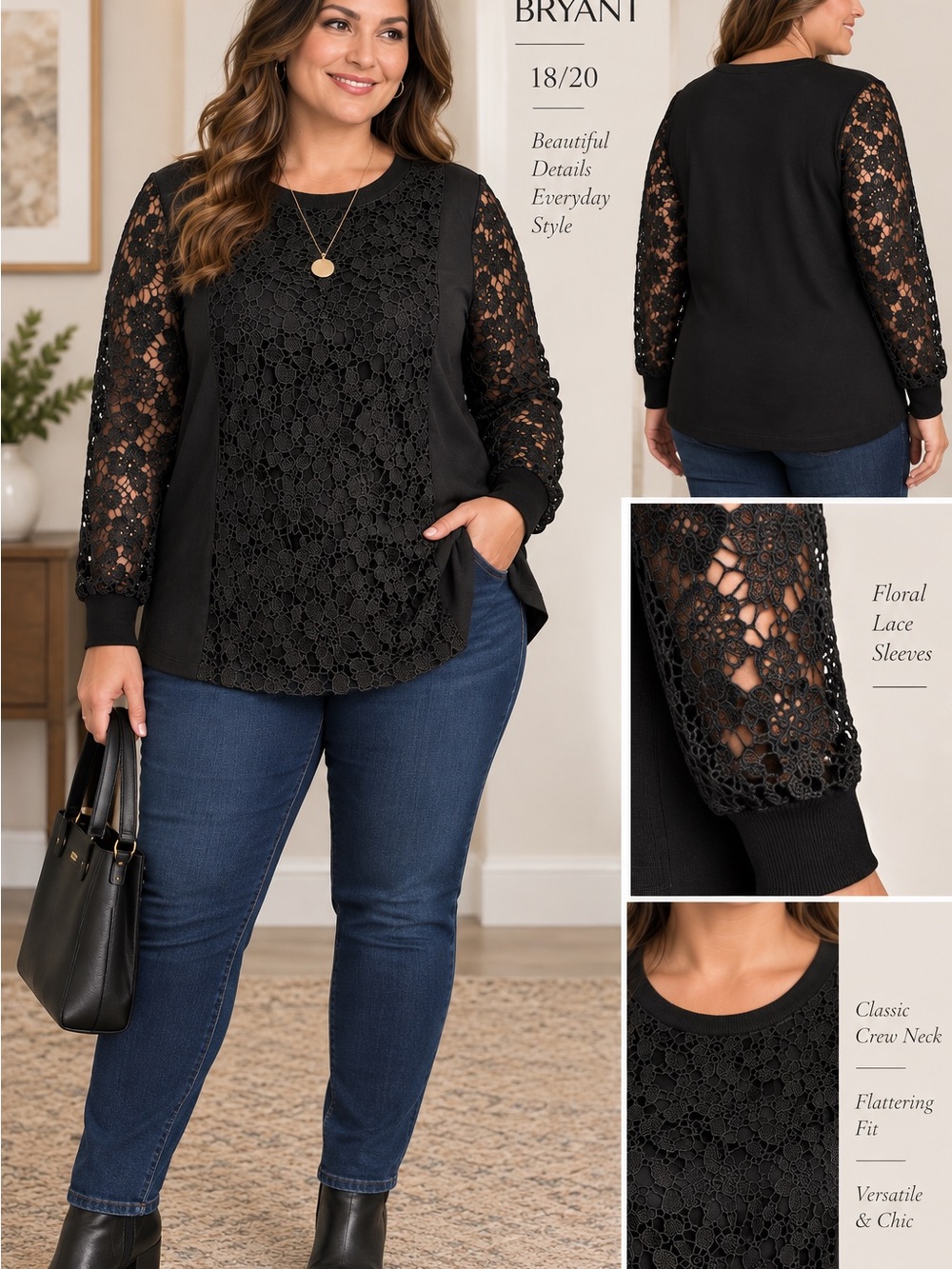 Lane Bryant Black Floral Lace Long Sleeve Top – Size 18/20